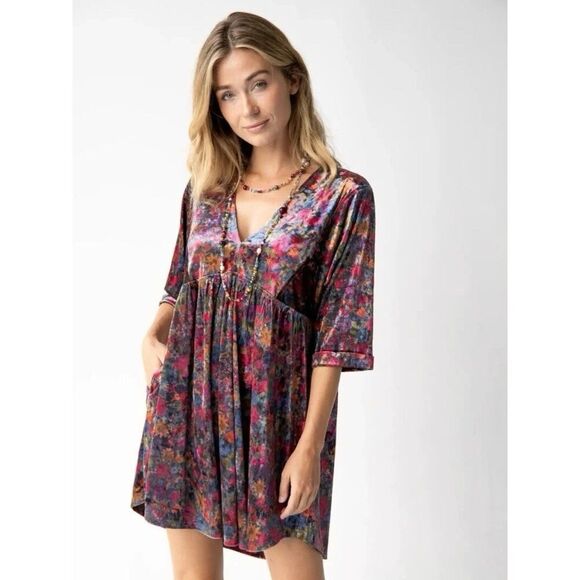 Natural Life Stella Velvet Babydoll Mini Dress Womens Sz L Floral V-Neck Boho - Picture 3 of 14